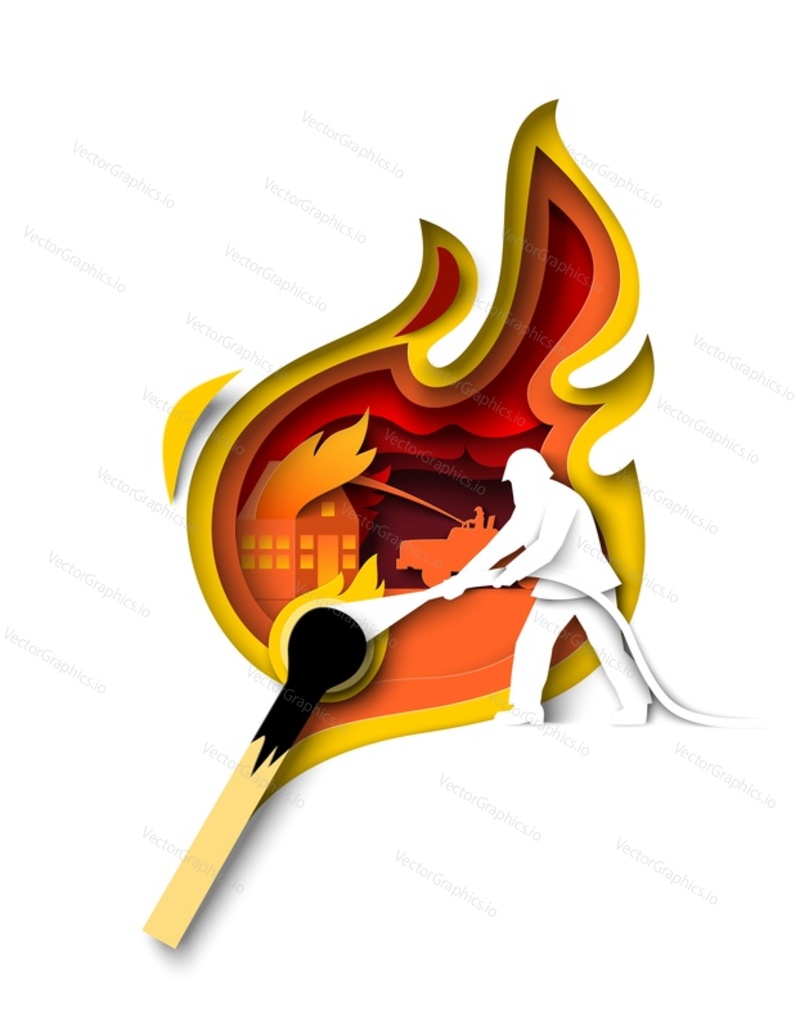 Hasič hašení hořící dům s hadicí papercut styl vektorové ilustrace izolovaných na bílém pozadí. Nebezpečná situace způsobila nebezpečné zničení v důsledku neopatrného použití zápasů