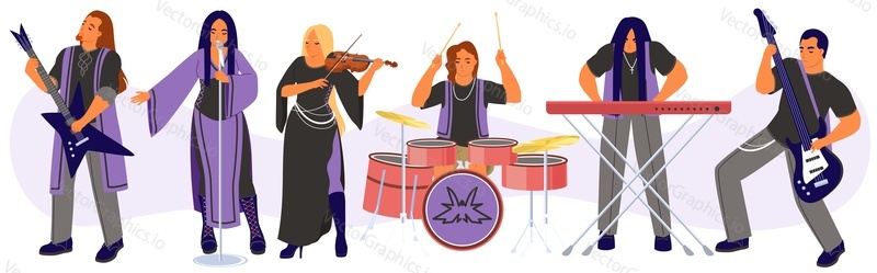 Heavy metal rock artist cartoon characters wearing festive stage costume singing song playing music. Talented, vocalist, rock-n-roll guitarist, drummer, violinist and pianist persi vector illustration