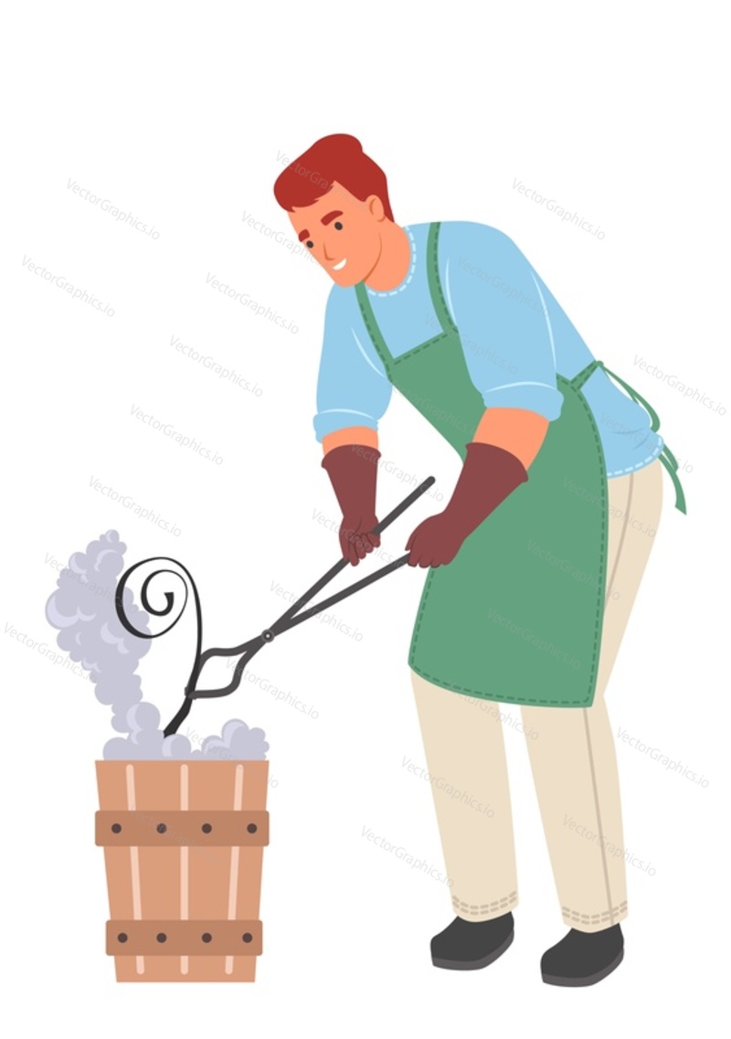 Blacksmith wearing apron using tools hardening steel vector illustration standing isolated on white background. Tempering metalworking process concept