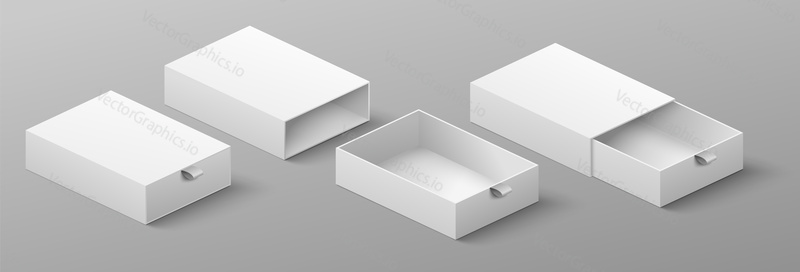 Cardboard package with ribbon to pull and slide realistic mockup isolated set. Opened and closed drawer box vector illustration