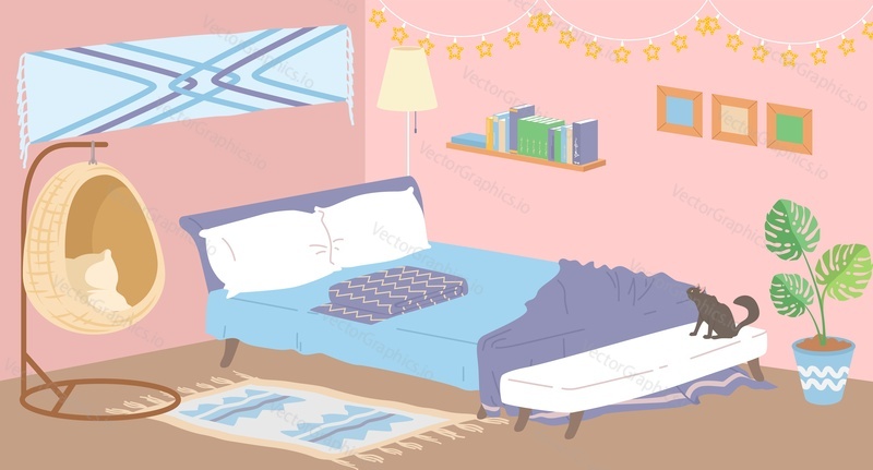 Home bedroom design interior with bed, hanged wicker basket chair, bookshelves and houseplant in pot vector illustration. No people in room