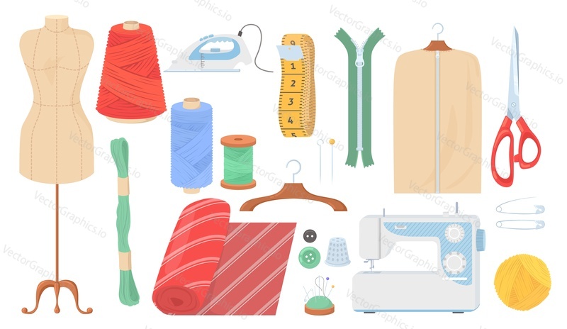 Sewing items flat vector set. Handmade crafts isolated on white background. Sewing machine, threads, scissors, dummy, tape, iron, pins, clothes hanger and accessories illustration