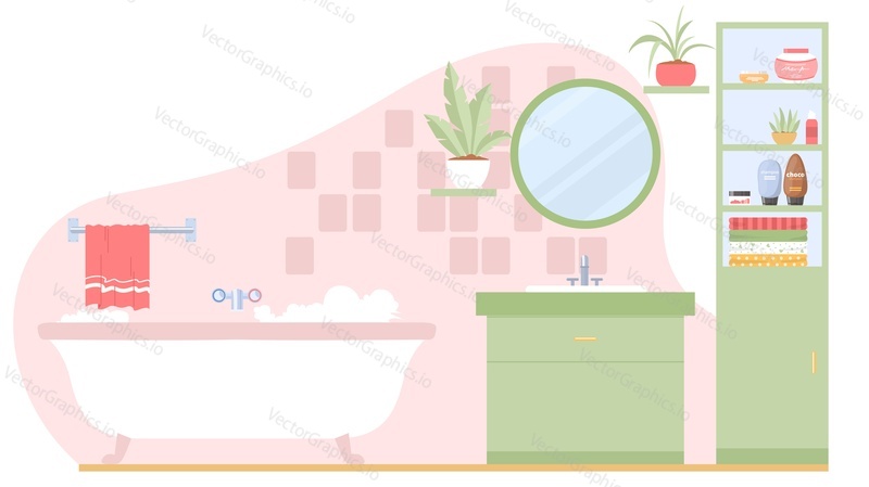 Koupelna s nábytkem plochý design interiéru vektorové ilustrace. Domácí toaleta pro odpočinek a relaxaci, mytí čistící hygienický postup s vanou, umyvadlem, zrcadlem, toaletou
