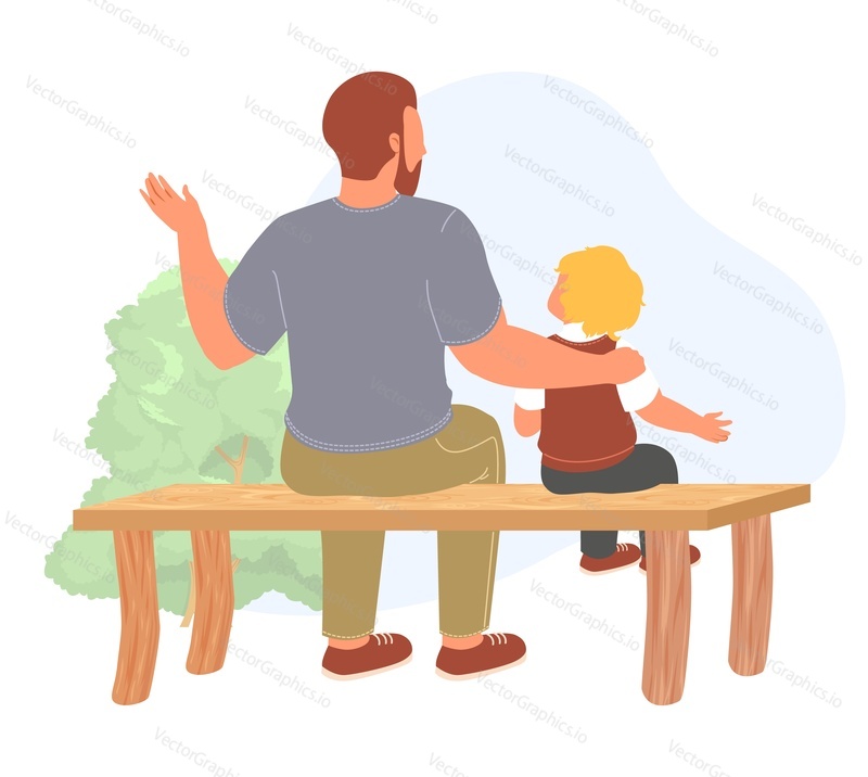 Táta tráví čas s malým chlapcem syn sedí na lavičce v parku pohled zezadu. Šťastný rodič a dítě vektorové ilustrace. Den otců a pěkný koncept konverzace