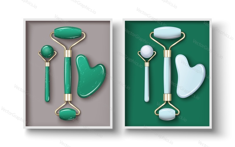 Facial massage gouache scraper and jade stone rollers in box. Kit of trendy cosmetic anti-aging spa skin care therapy and rejuvenation treatment. Vector illustration of crystal quartz massager