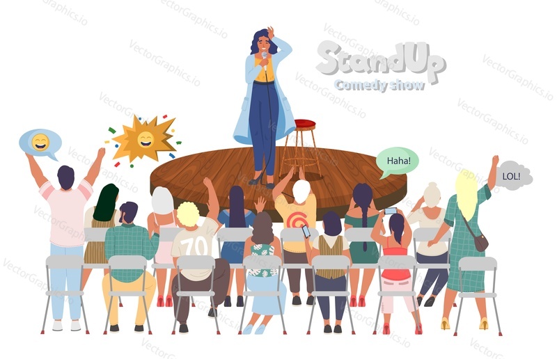 Scandup comedy show vektorové ilustrace s žena komiks umělec vyprávění vtipy v mikrofonu vystupující na jevišti před publikem