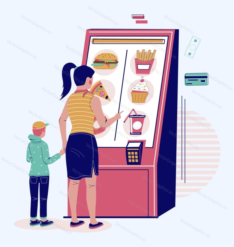 Matka a malý syn dítě objednávání jídla a pití pomocí interaktivní jídlo POS terminál stroj kreslený vektorové ilustrace. Moderní technologie, elektronický kiosek prodávající fastfood