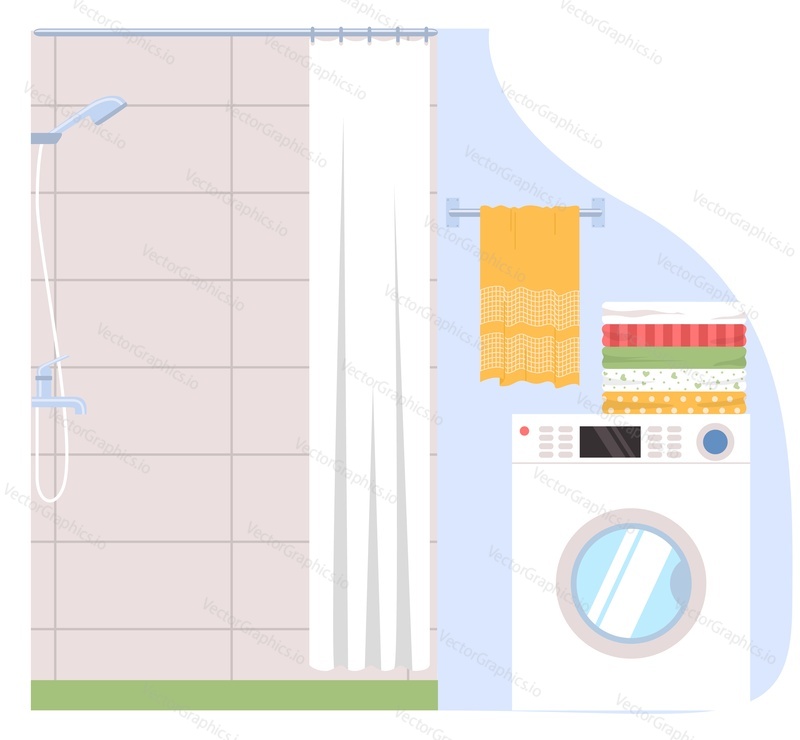 Modern home bathroom design interior with shower and washing machine, clean laundry and towel hanged on hook vector illustration