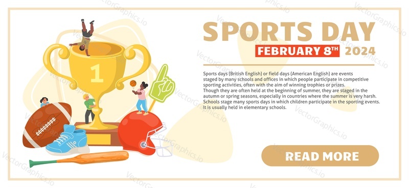 Šablona designu vstupní stránky sportovního dne s postavou šťastných dětí, zlatý pohár trofeje poháru, míč amerického fotbalu a ozubená kola, baseballová pálka pro hru. Pozvánka na web a uvítací banner