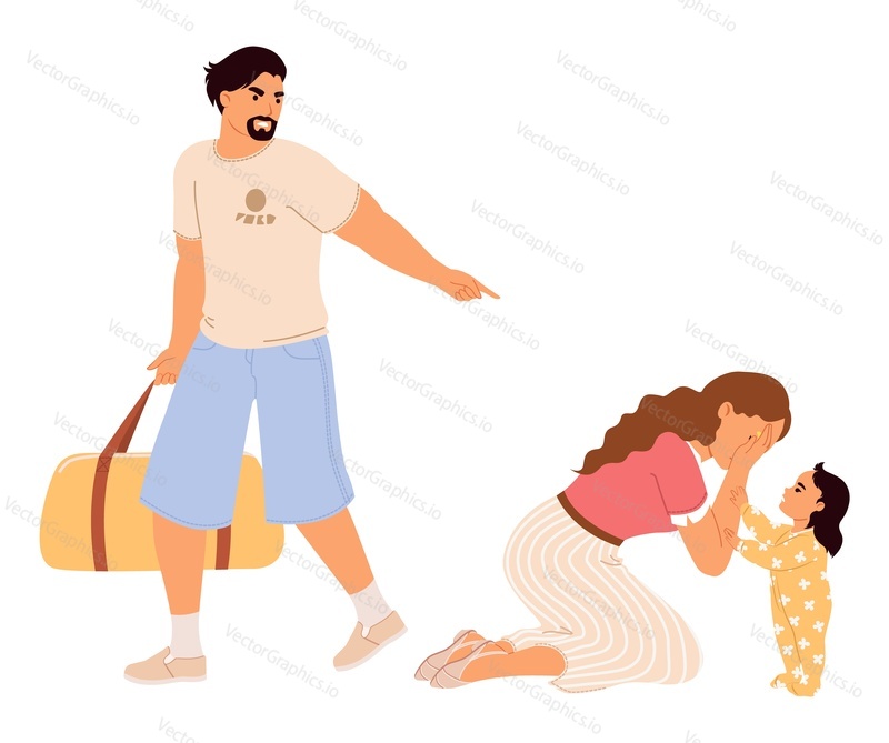 Furious husband leaving frustrated stressed wife alone with little baby daughter child vector illustration isolated on white background. Parents divorce and family crisis concept