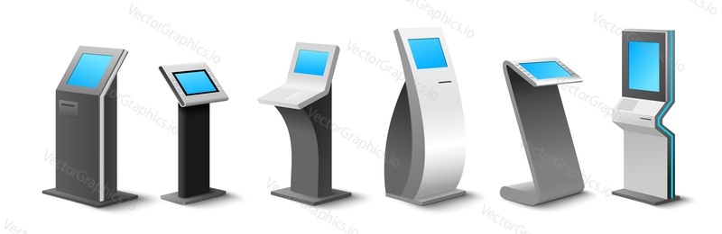 Jiný samoobslužný kiosek na objednávku a platbu online realistická maketa. Moderní interaktivní stroje, volně stojící terminál a atm konstrukce vektorové ilustrace