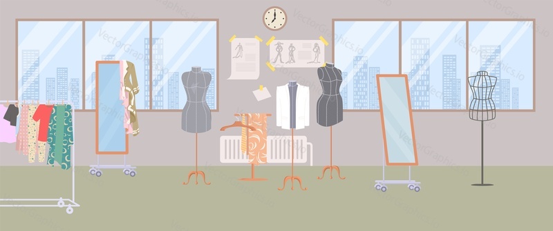 Krejčí pokoj, švadlena pracoviště, módní návrhář atelier design studio interiér s šicí zařízení a figuríny figuríny vektorové ilustrace
