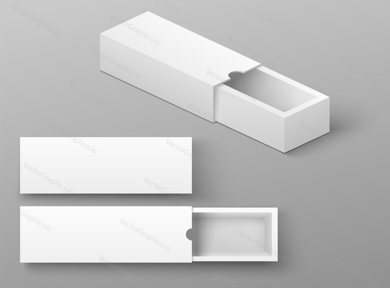 Blank empty cardboard sliding box realistic mockup isolated set on grey background. Vector illustration of retail storage pack or gift container prepared for branding