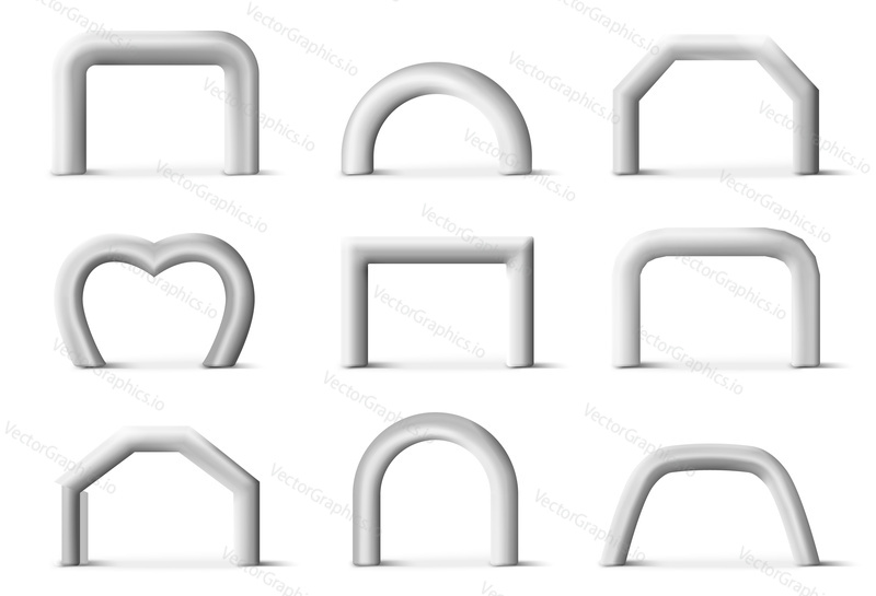 Nafukovací oblouk, vstupní brány heliové trubice, balónový oblouk různého tvaru prázdné prázdné makety 3D vektorové ilustrace. Geometrické rámování pódií pro výstavní nebo sportovní soutěže