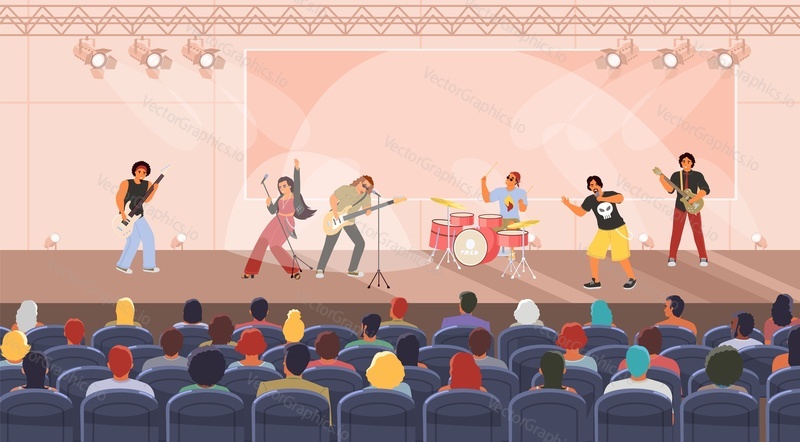 Rocková kapela hrající koncert hrající hudební nástroj a zpívající píseň v mikrofonu na jevišti pod reflektorem scéna lampa pro publikum vektorové ilustrace