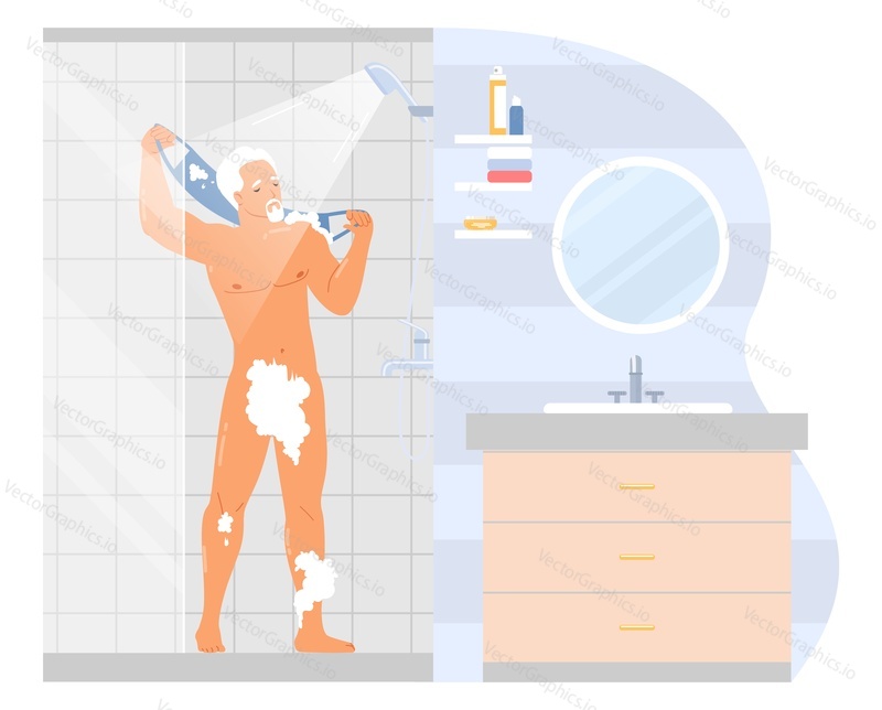 Senior man cartoon character with foamy body taking shower at home vector illustration. Hygiene procedure