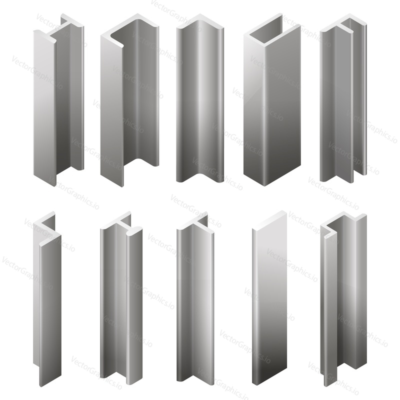 Iron profile mockup, metal beam construction set isolated on white background. Metallurgy and building industry materials variety of shape and form for reinforcement vector illustration