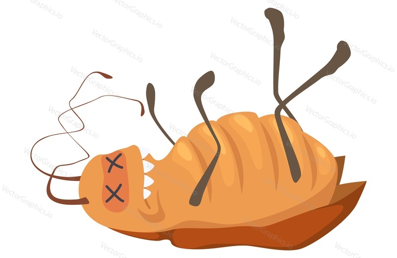 Funny dead cockroach character isolated on white background. Cartoon roach pest wiggling paws lying on back vector illustration. Creepy harmful insect