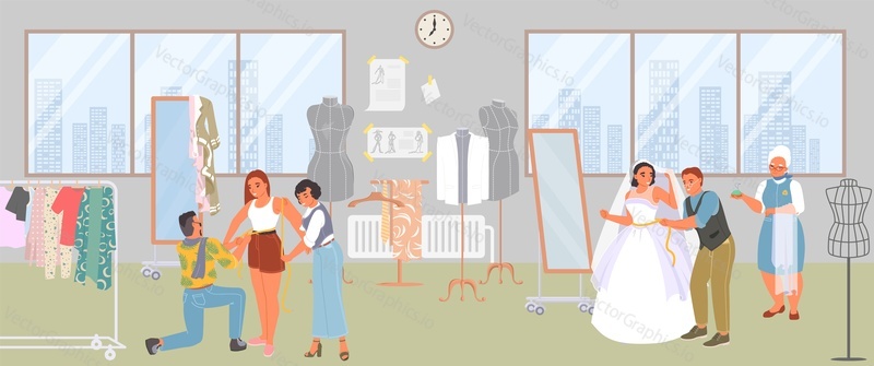 People tailor and customer at fashion atelier studio workshop vector illustration. Seamstress master using measuring tape to sew wedding dress and guests. Bridal clothes store interior