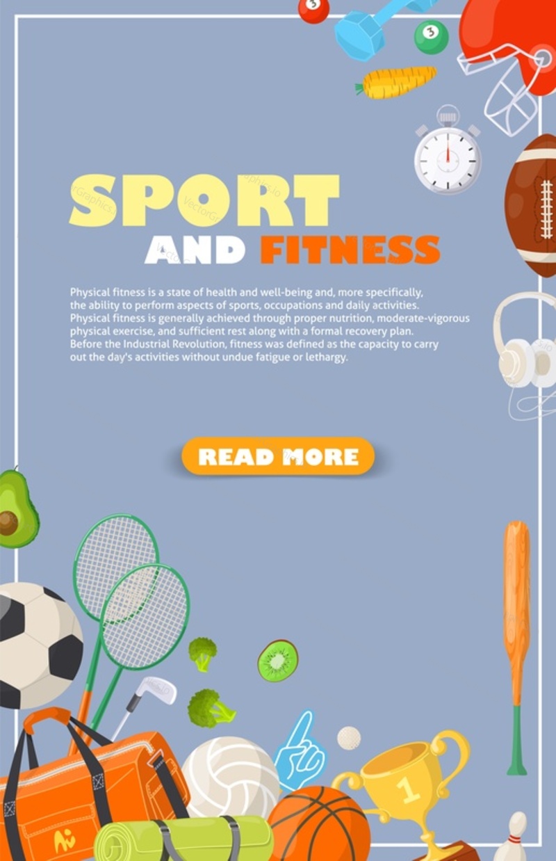 Sport a fitness koncept pro webové stránky banner šablony vektorové ilustrace. Sportovní vybavení položky, sportovní oblečení a fit příslušenství pro trénink cvičení online služba reklama