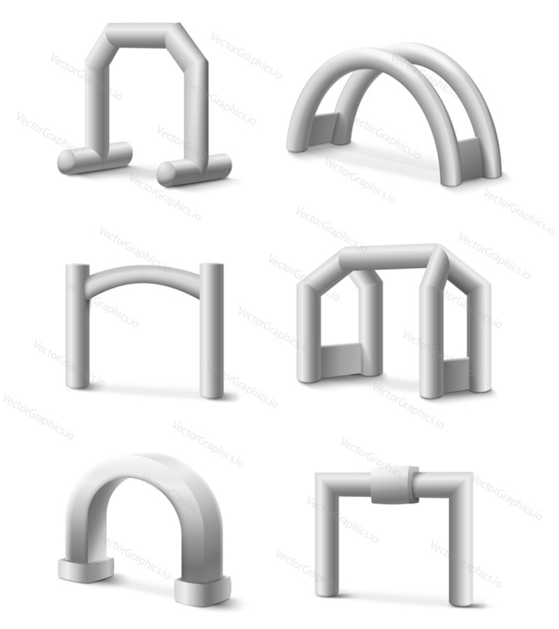 Nafukovací obloukové brány různých tvarů pro sportovní soutěže, události, závody, maraton a turnaj vektorové ilustrace. Začátek a konec oblouky 3D složení