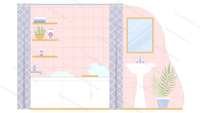 Home bathroom interior background with sink, bathtub and shelves on wall for toiletry vector illustration