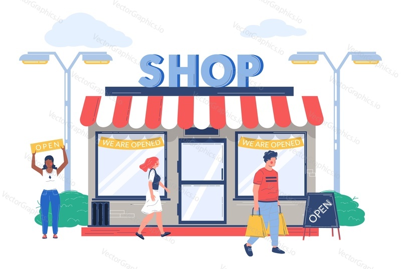 Místní trh street shop otevření události vektorové ilustrace. Žena promotér přilákat zákazníky a hosty na nákupy, aby se stal první kupující