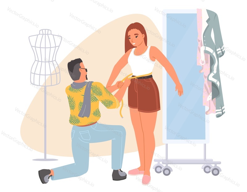 Krejčí nebo návrhářka, která se věnuje měření od Mladé pretty woman klientky ve studiu modern fashion atelier vector illustration. Nový trendový outfit nebo koncept šití večerních šatů