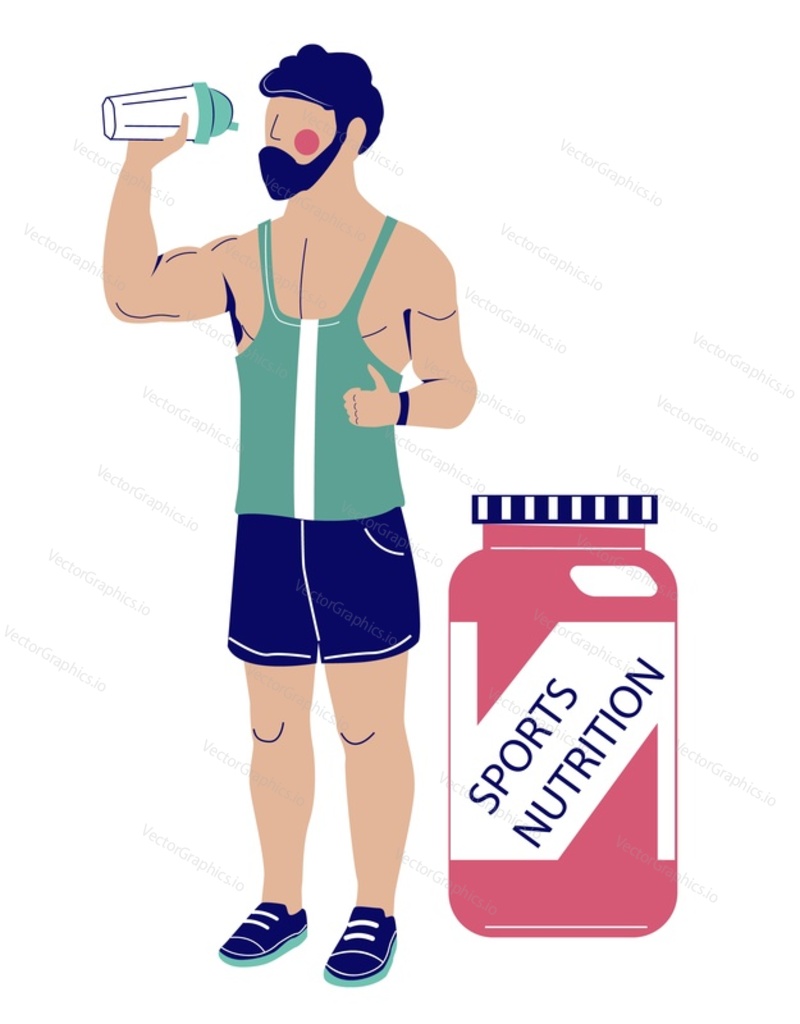 Muscled sportsman drinking protein cocktail nearby sports nutrition pack vector illustration isolated on white background. Vitamin complex for strong body building and healthcare