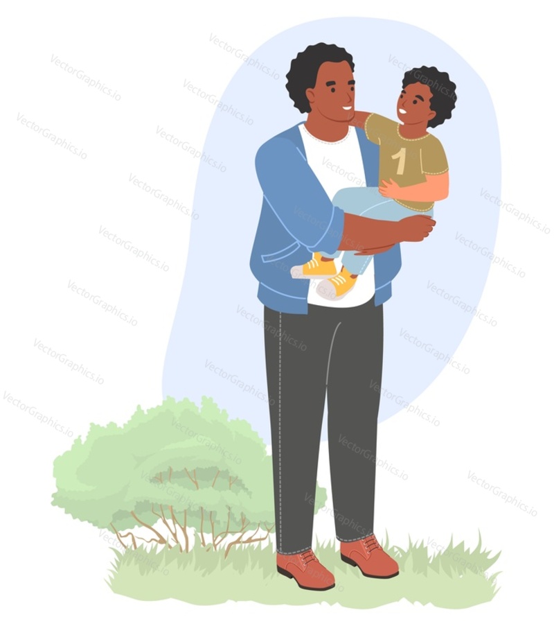 Happy father carrying son on hands vector illustration. Parent holding child in arms while walking in city park. Loving dad and adorable kid spending time together on weekend