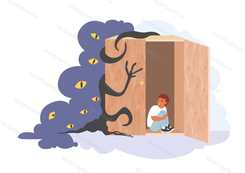 Dítě se bojí vektoru. Malý chlapec trpí noční můry ploché kreslené ilustrace. Vyděšená dětská postava sedící ve skříni se bojí nočních příšer
