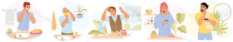 Man skincare beauty procedure daily hygiene routine in bathroom scene. Vector illustration of male character shaving face, hairstyling, applying eyes patch and moisturizing facial mask