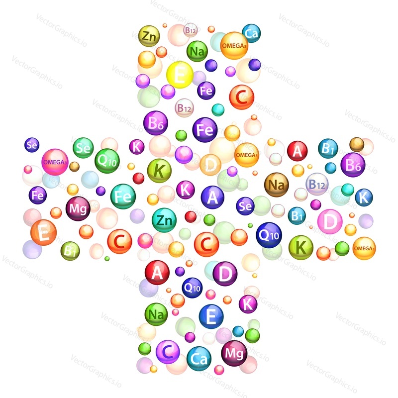 Vitamin and minerals bubbles forming shape of medical cross vector poster. Preventive medicine, alternative treatment illustration