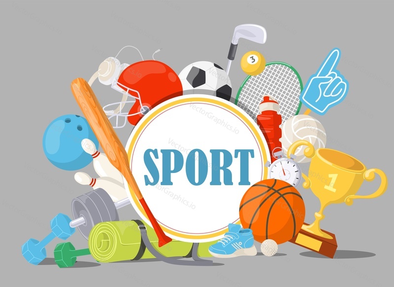 Sportovní plakát design šablony s fitness a herní příslušenství vektorové ilustrace. Mistrovství turnaje ozubená kola, tréninkové potřeby a ocenění Cena pro vítěze plochá karikatura