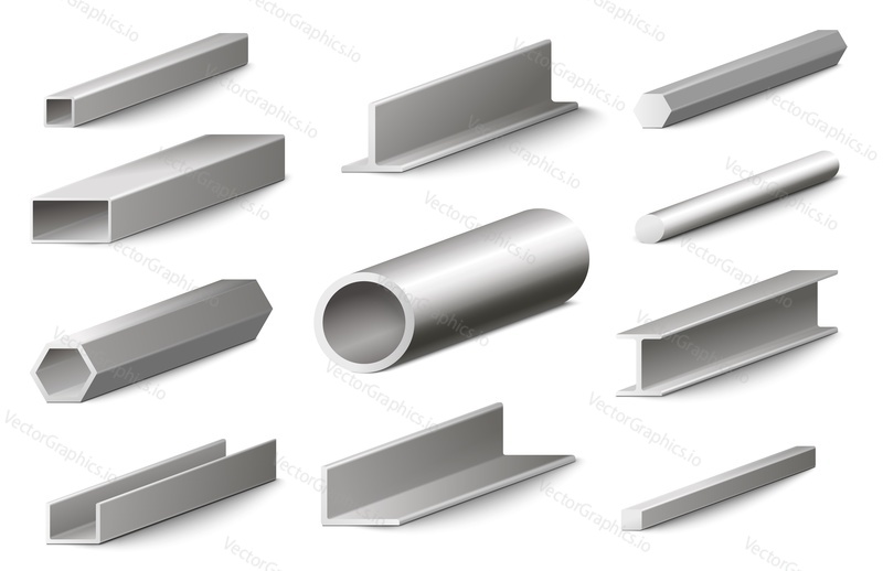 Different metal profiles construction materials realistic set isolated on white background. Stainless steel beam tube, armature, pipe, joist and girder vector illustration