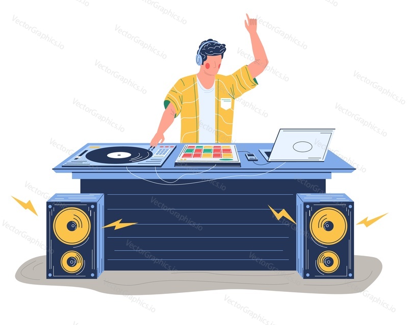 Young man dj standing at turntable mixing music tracks for dancing vector illustration. Male disc jockey in headphones at party in nightclub