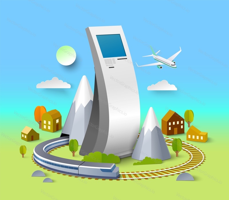 Dopravní lístek samoobslužný kiosek izometrické vektorové ilustrace. Digitální automatizovaný interaktivní terminál pro registraci a nákup palubního lístku letadla nebo karty železniční dopravy