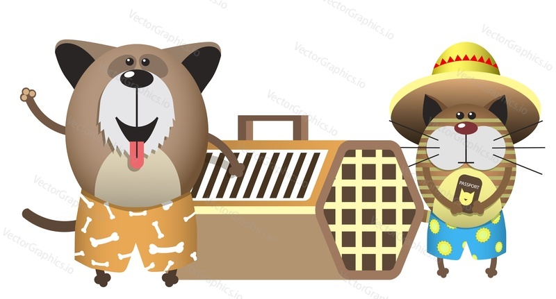 Funny dog and cat traveler standing with passport nearby cage carriage vector illustration. Cute puppy and kitten wearing summer shorts going for trip adventure to tropical resort on vacation