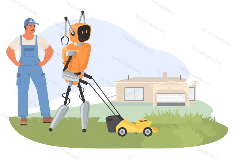 Ai Robot helper pomoc při sekání trávy pomocí sekačky na trávu pod kontrolou farmáře na dvorku vektorové ilustrace. Automatizovaný život na farmě, terénní úpravy a futuristický koncept technologie zařízení