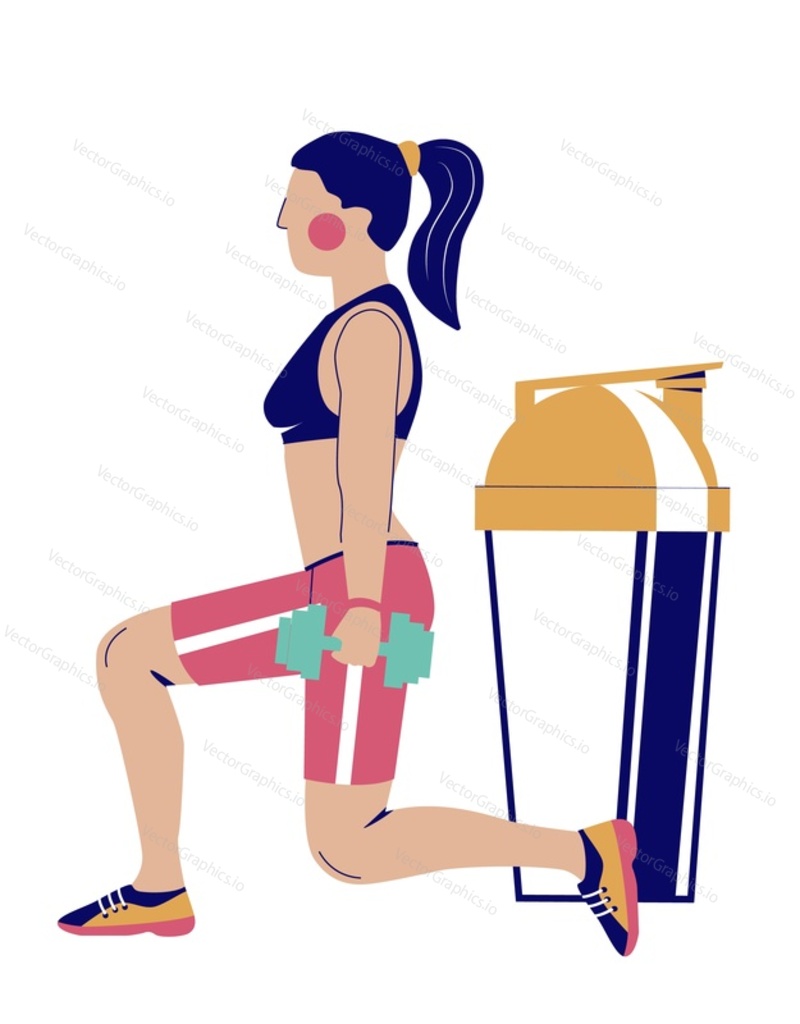 Fitness woman cartoon character training with dumbbells weights nearby huge protein cocktail shaker bottle vector illustration isolated on white background. Sports nutrition and supplement concept