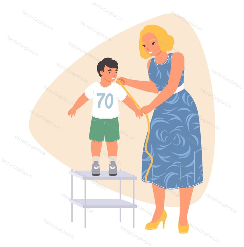 Ploché kreslený žena švadlena měření malý chlapec dítě rameno vektorové ilustrace. Nové oblečení oblečení krejčovství pro děti koncept