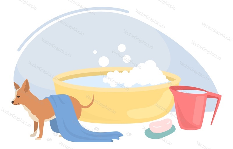 Clean animal vector. Dog washing flat cartoon illustration with wet puppy under towel, bathtub filled foamy water, jar and soap