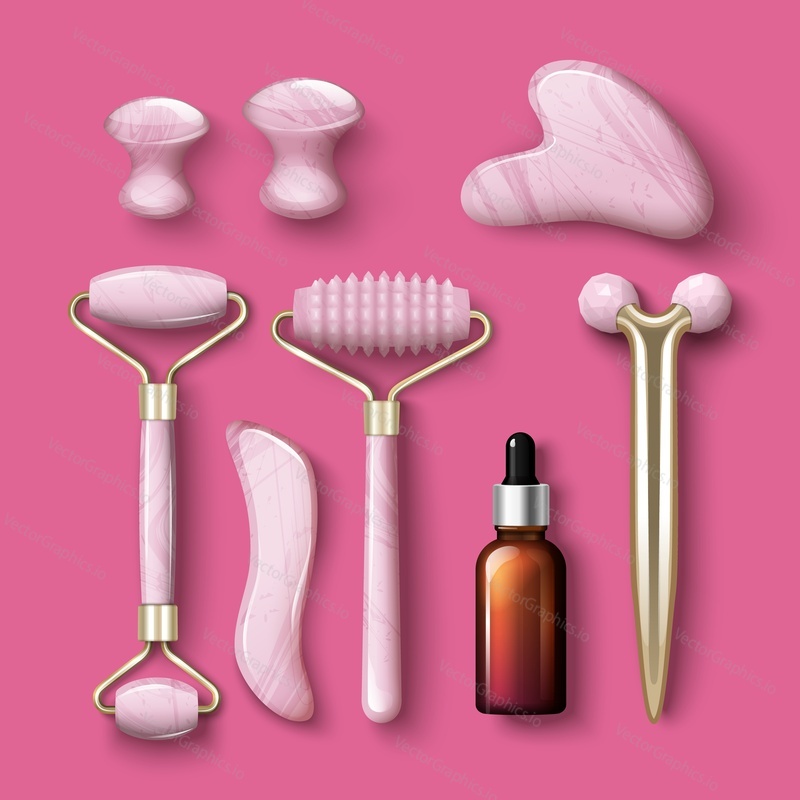 Face massage supplies vector illustration. Different gouache jade scraper, rollers and essence oil in bottle for beauty cosmetic services