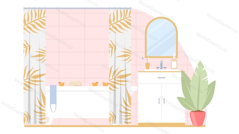 Bathroom interior background of modern home or hotel apartment. Restroom with ceramic furniture bathtub, faucet toilet sink and mirror vector illustration