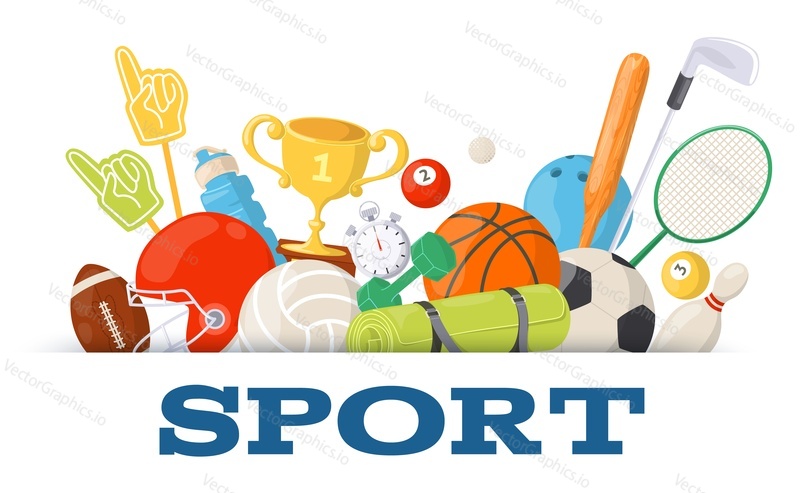 Sportovní plakát design šablony s herní, gymnastika nebo fitness tréninkové položky ikony vektorové ilustrace. Zdravý životní styl, sportovní rekreační činnost a koncepce úspěchu