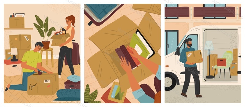 People packing cardboard box with home stuff. House move and relocation service vector posters set. Man carry carton box to truck. Woman packs books to cardboard box.