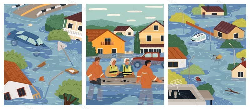 Flood natural disasters vector scene cartoon set. Catastrophic flooding illustration with destruction homes and cars, surviving people and rescue team