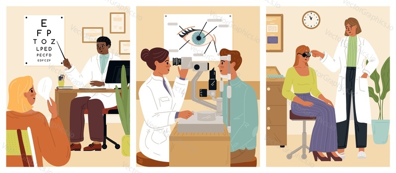 Oftalmolog profese vektorové scény s lékařem a pacientem na klinice lékařské ordinaci vektorové ilustrace. Kontrola zraku, výběr zrakových brýlí na konzultaci optometristů