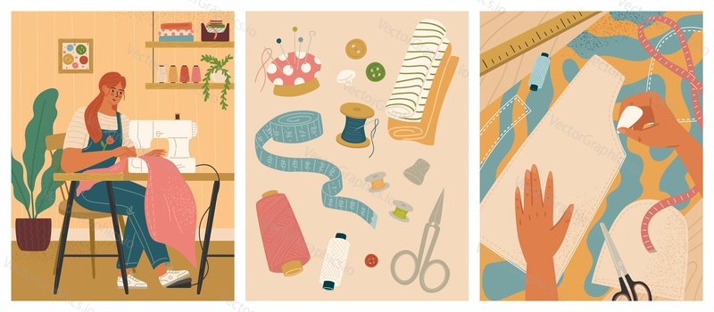 Sewing and needlework hand craft hobby or small business scene set. Young woman creating custom clothing working at design studio workshop, personal stylist accessories vector illustration