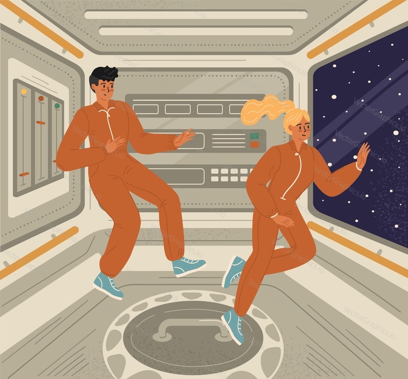 Man and woman astronaut character floating in cabin of interstellar spaceship vector illustration. Outer space explorers enjoying wonderful constellation view in window of their shuttle